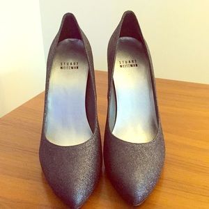 Stuart Weitzman blue grey glitter heels.